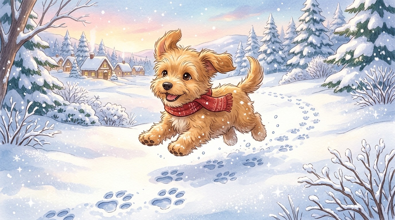 Ein glücklicher Hund rennt freudig durch glitzernden Schnee und zeigt seine Pfotenballen.