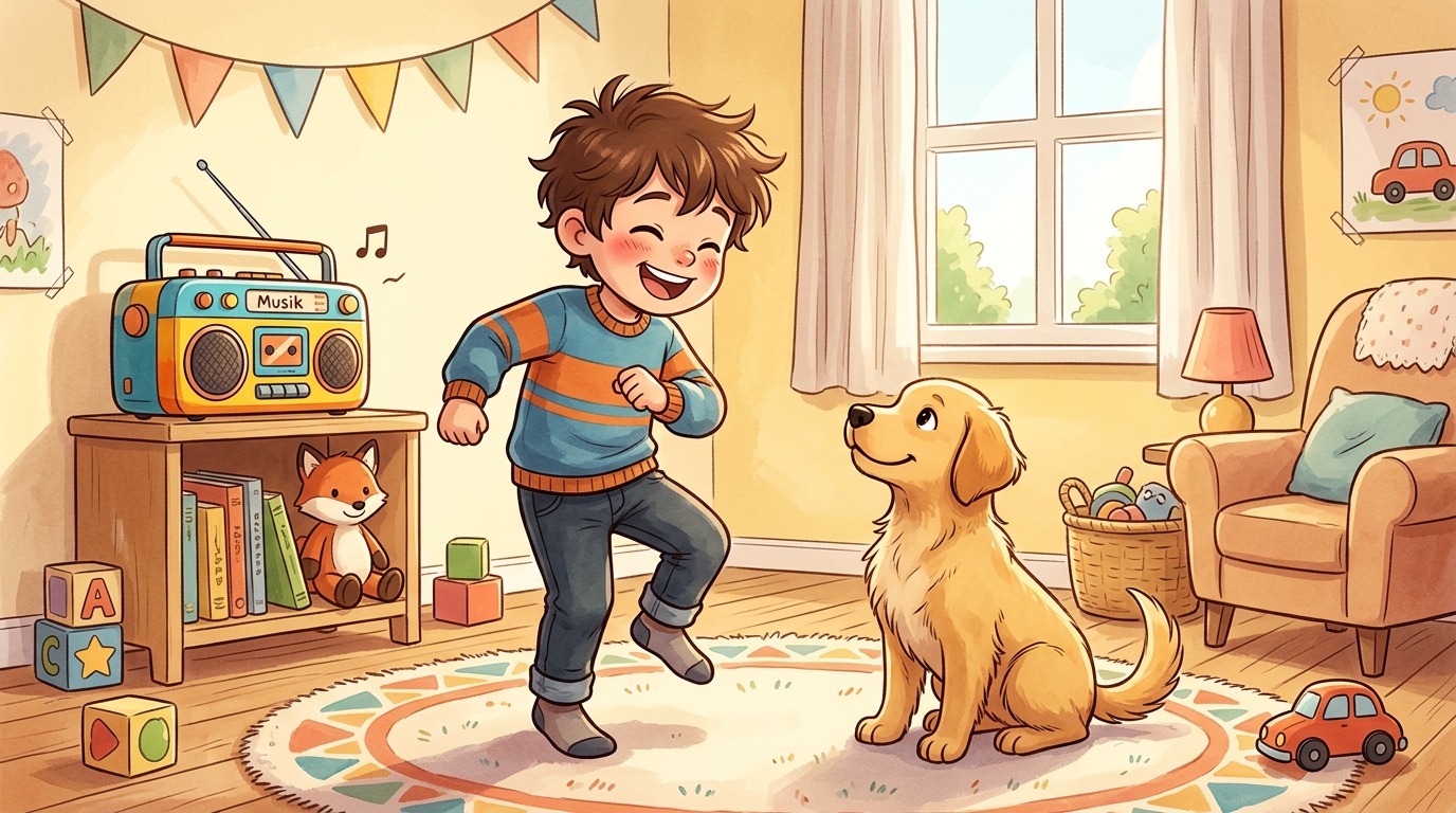Ein glückliches Kind und ein Hund spielen den Kommando-Stopptanz in einem bunten Zimmer.