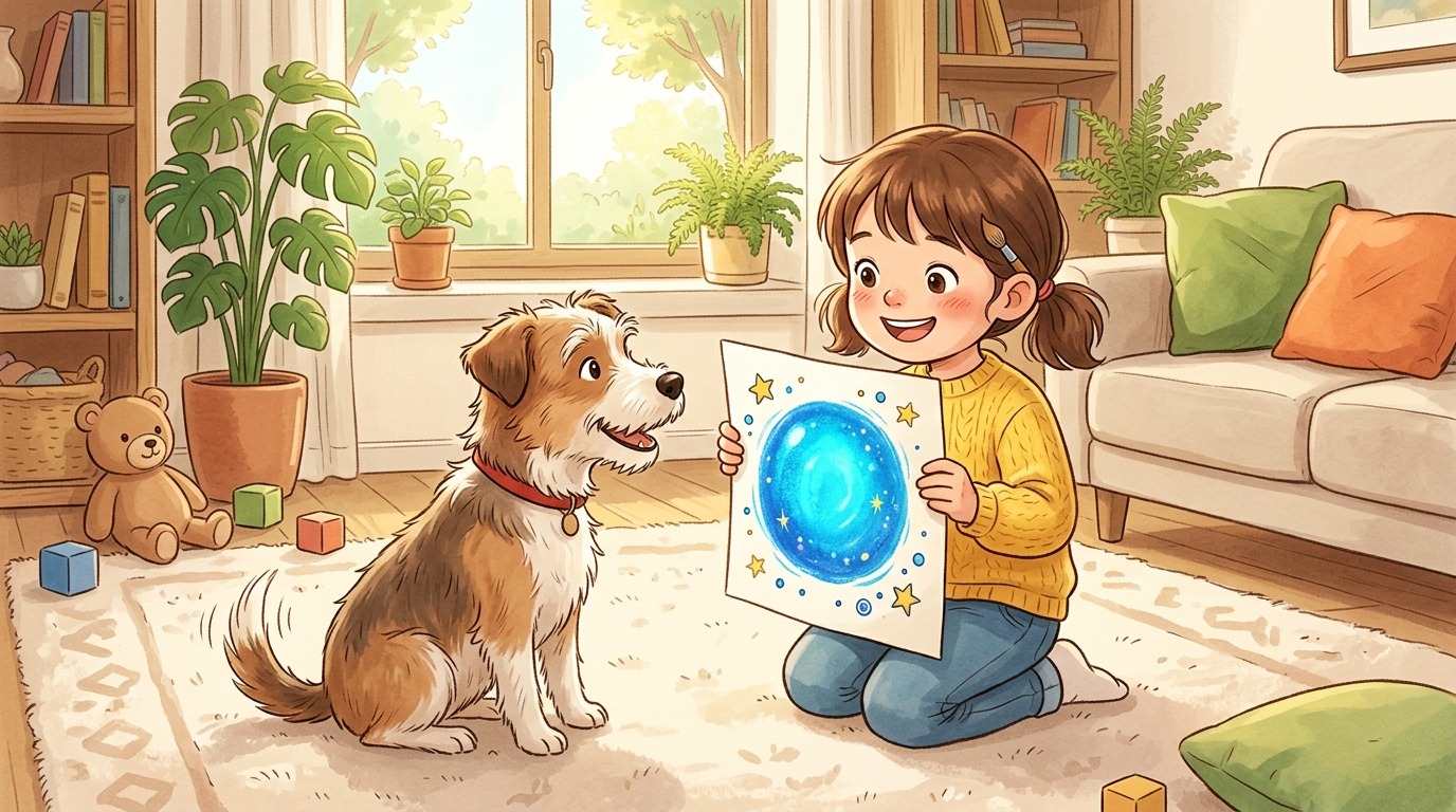 Ein fröhliches Kind zeigt einem aufmerksamen Hund eine Karte mit einem blauen Kreis-Symbol.